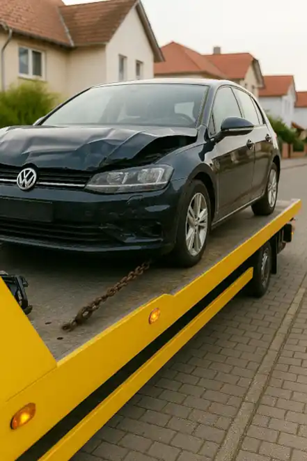 Ein defektes Auto, das von einem Abschleppwagen im Rahmen des Autoankaufs in Pforzheim transportiert wird.