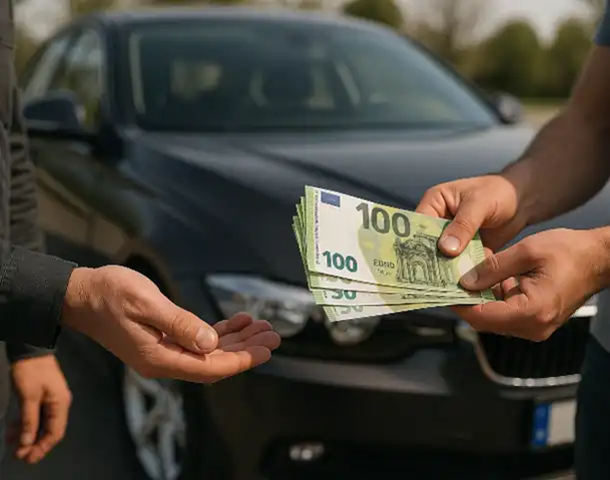 Ein Kunde erhält Bargeld für sein Fahrzeug beim Autoankauf in Pforzheim.